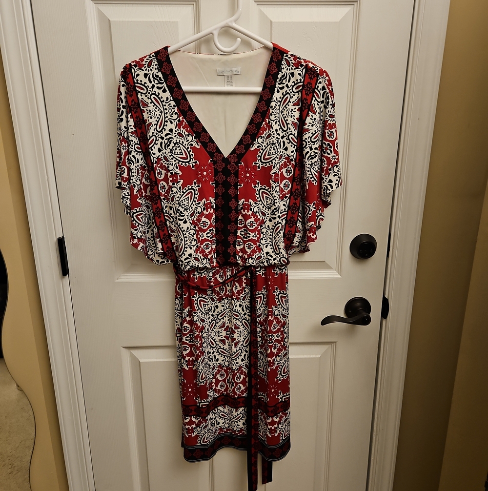 London Times Red, White & Black Paisley-Print Midi Dress